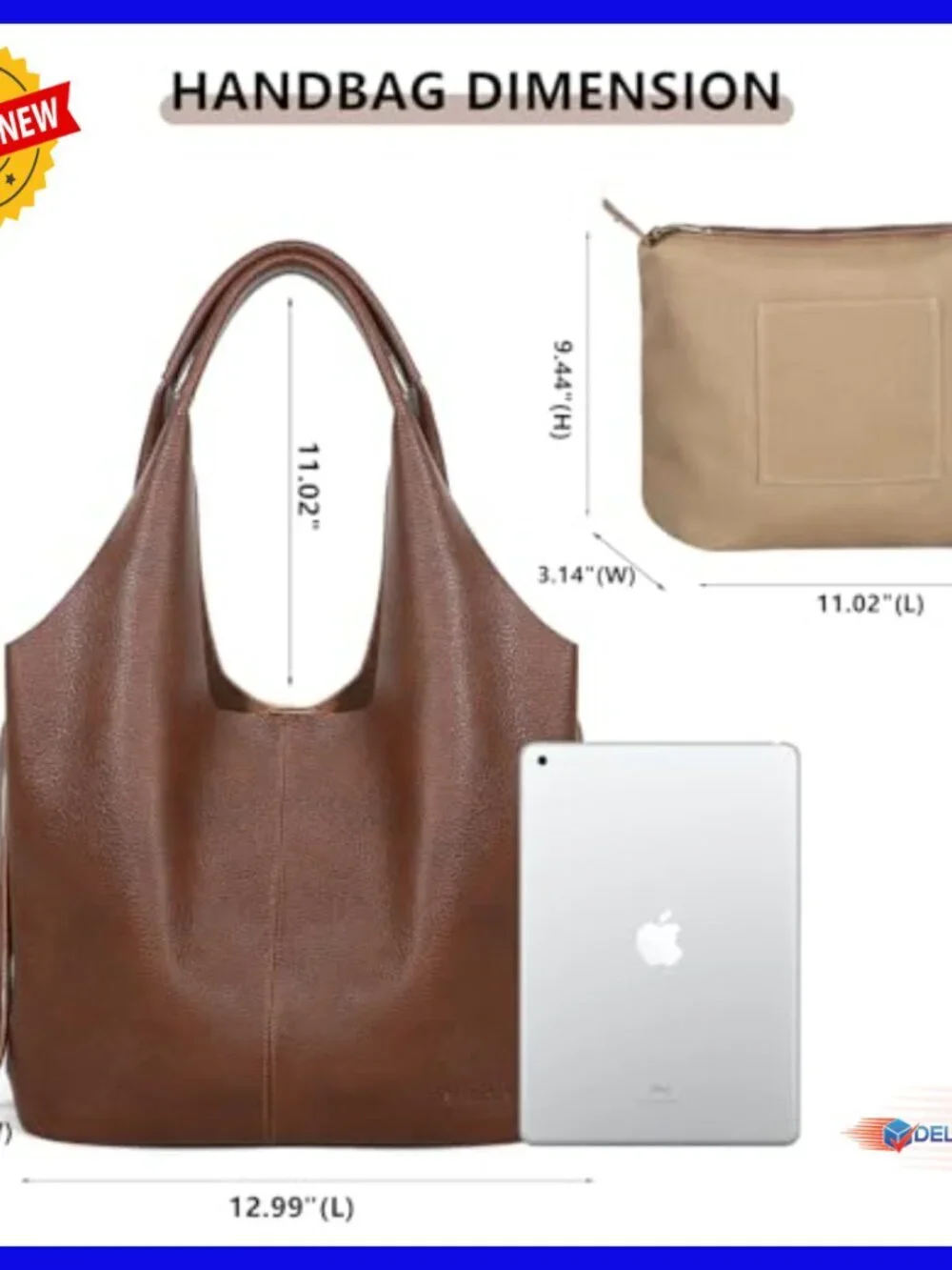 Large Genuine Leather Hobo Tote Bag with Detachable Organizer